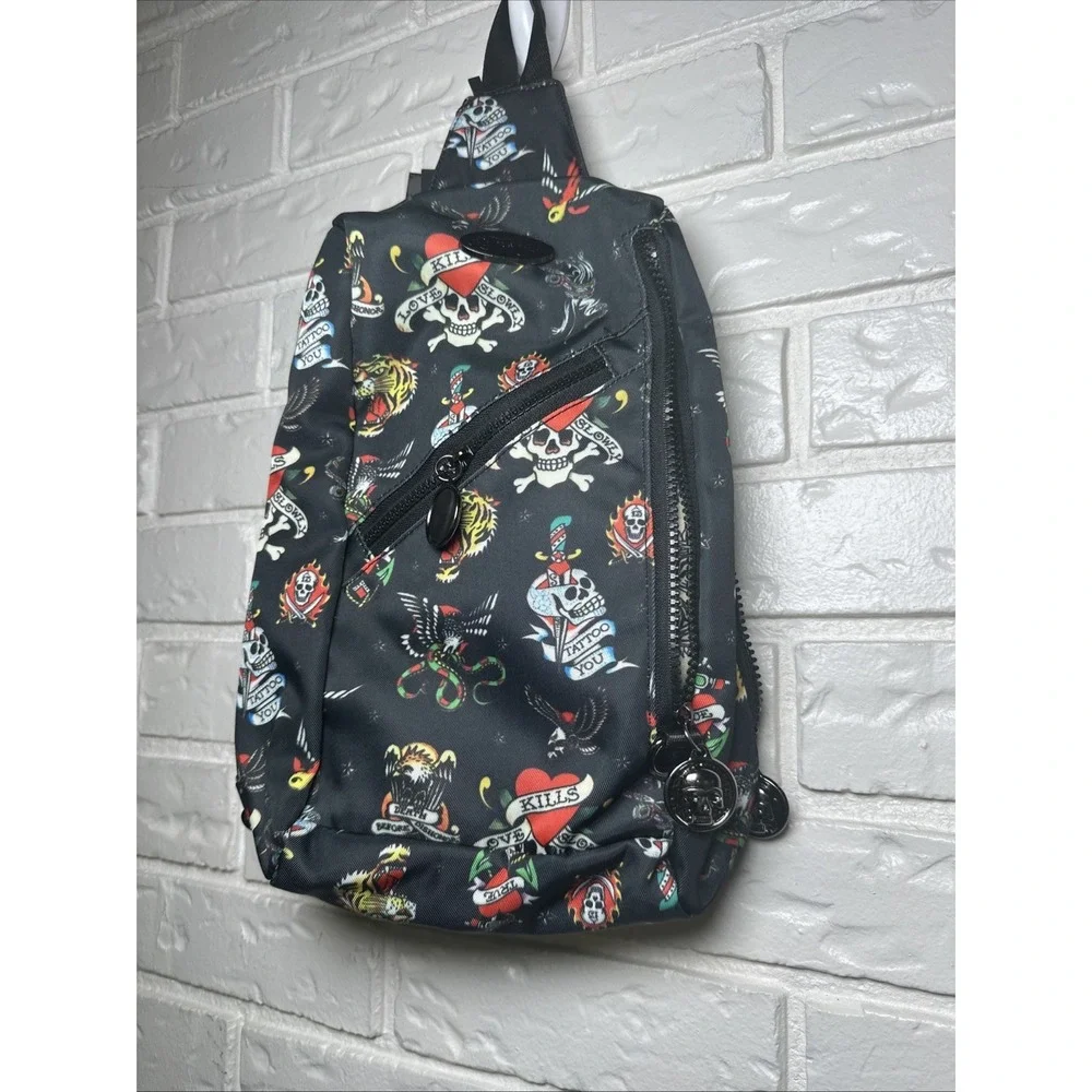 Ed Hardy Sling Backpack Unisex Black New York City Skull Eagle Tattoo NWT